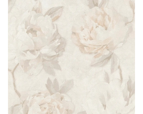 Beige Tapete mit großem Blumenmuster, Pfingstrosen und Blättern, strukturierte Oberfläche.
