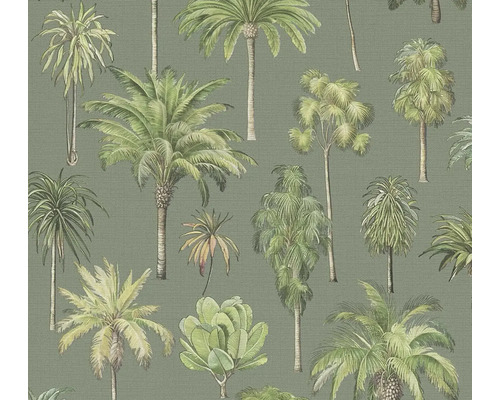 Vliestapete mit botanischem Muster verschiedener Palmen in Grüntönen.