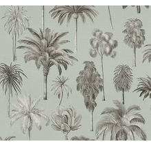 Vliestapete mit botanischem Muster im Vintage-Stil, das verschiedene Palmen und tropische Pflanzen darstellt.