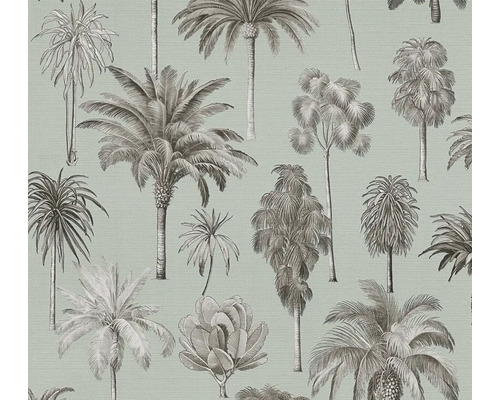 Vliestapete mit botanischem Muster im Vintage-Stil, das verschiedene Palmen und tropische Pflanzen darstellt.