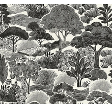 Vliestapete mit Landschaftsmotiv, detaillierte Illustration von Bäumen, Sträuchern und Blumen im grafischen Zeichenstil.