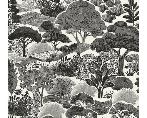 Vliestapete mit Landschaftsmotiv, detaillierte Illustration von Bäumen, Sträuchern und Blumen im grafischen Zeichenstil.