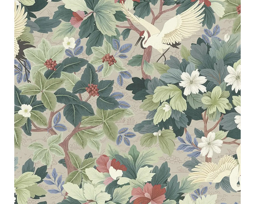 Vliestapete mit botanischem Muster, Kranichen, Blättern, Blüten und Beeren im asiatischen Stil.