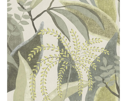 Tapete mit botanischem Muster aus Blättern in verschiedenen Grüntönen und Grau.