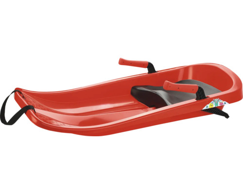Roter Rodelschlitten mit schwarzen Griffen und Zugband