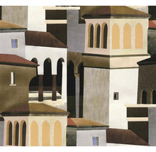 Tapete mit abstraktem Architekturmuster, das stilisierte mediterrane Gebäude mit Rundbogenfenstern und geometrischen Formen zeigt.