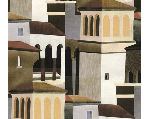 Tapete mit abstraktem Architekturmuster, das stilisierte mediterrane Gebäude mit Rundbogenfenstern und geometrischen Formen zeigt.