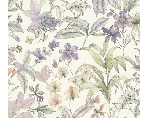 Tapete mit floralem Muster, verschiedenen Blüten, Blättern und Schmetterlingen in skizziertem Stil.