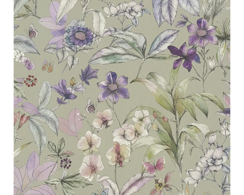 Vliestapete mit floralem Muster aus verschiedenen Blumen, Blättern und Schmetterlingen im illustrativen Stil.