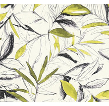 Vliestapete mit botanischem Blättermuster in handgezeichneter Optik und Aquarell-Akzenten.