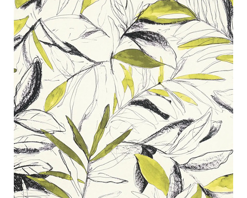 Vliestapete mit botanischem Blättermuster in handgezeichneter Optik und Aquarell-Akzenten.