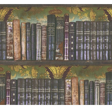 Tapete mit Bücherregal-Motiv, alte ledergebundene Bücher vor floralem Hintergrund.