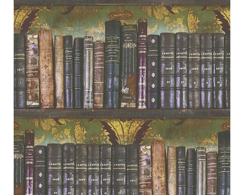 Tapete mit Bücherregal-Motiv, alte ledergebundene Bücher vor floralem Hintergrund.