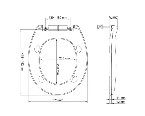 Technische Zeichnung eines Toilettensitzes mit Maßangaben