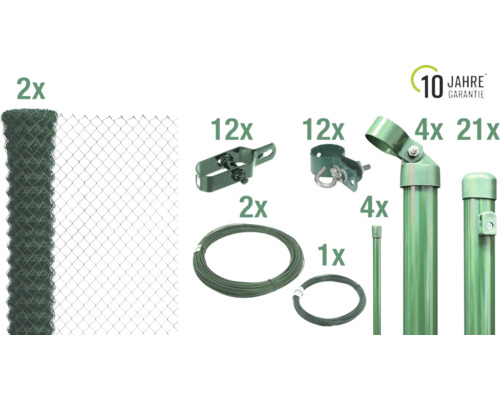 Kompletter Maschendrahtzaun mit Zaunrolle, Bindedraht, Spanndraht, Zaunstrebe, Zaunpfosten und Zubehör mit zehn Jahre Garantie