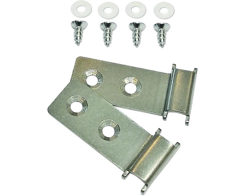 Zwei Metallhalterungen mit Schrauben und Unterlegscheiben