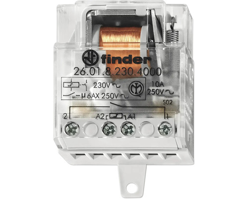 Finder Stromstoßschalter 26.01.8.230.4000, 230 Volt, 10 Ampere, transparentes Kunststoffgehäuse mit sichtbarer Kupferspule, Finder Logo.