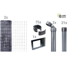 Komponenten für einen Gartenzaun mit zehn Jahren Garantie: zwei Rollen Drahtgeflecht, 75 Halterungen, ein Spanndrahthalter, zwei Zaunstreben, 21 Zaunpfosten