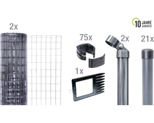 Zaunset bestehend aus Zaunrolle, Zaunstreben, Strebenkappen, Halteklammern, Eckverbindern und Montagehilfe mit zehn Jahre Garantie