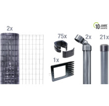 Komplettset zur Zauninstallation mit zwei Drahtrollen, 75 Zaunclips, einem Montierwerkzeug, zwei Zaunpfosten, 21 Zaunpfostenkappen und 10 Jahre Garantie