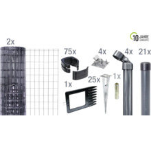 Zaunbausatz mit zwei Rollen Maschendrahtzaun und Zubehör für den Zaunbau, inklusive einer zehn Jahre Garantie Auszeichnung.
