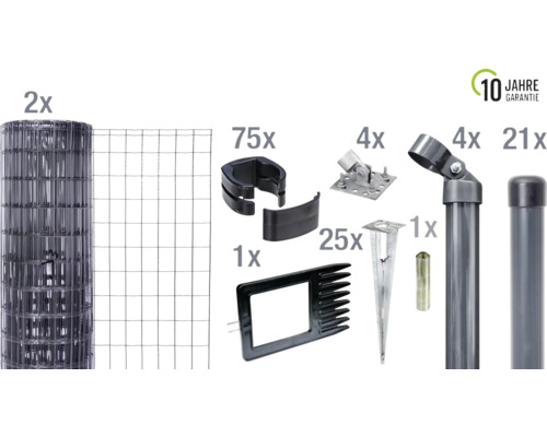 Zaunbausatz mit zwei Rollen Maschendrahtzaun und Zubehör für den Zaunbau, inklusive einer zehn Jahre Garantie Auszeichnung.