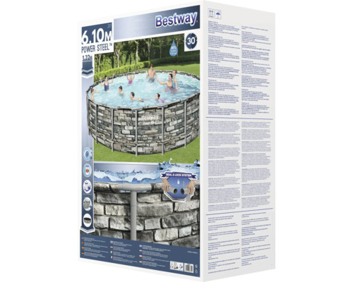 Verpackung eines Bestway Power Steel Aufstellpools mit Steinwandoptik, 6,10 Meter Durchmesser und 1,32 Meter Höhe