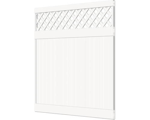 Weißer Gartenzaun mit Latten und Zierelementen