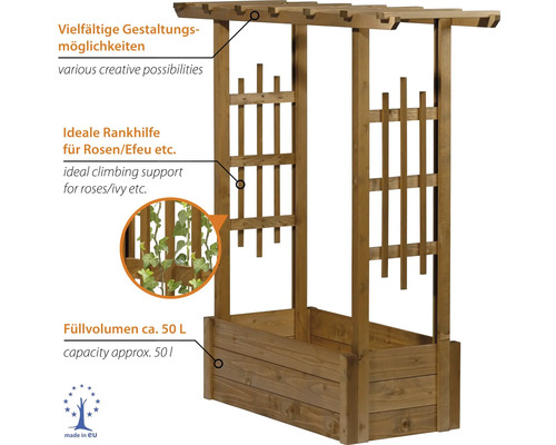 Holzpflanzkasten mit Rankhilfe für Kletterpflanzen, circa 50 Liter Fassungsvermögen