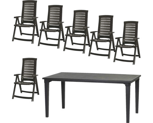 Gartenmöbel-Set aus Kunststoff mit einem rechteckigen Tisch und sechs Hochlehner-Stühlen.