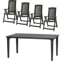 Gartenmöbelset bestehend aus vier klappbaren Hochlehnern und einem rechteckigen Gartentisch aus dunklem Kunststoff.
