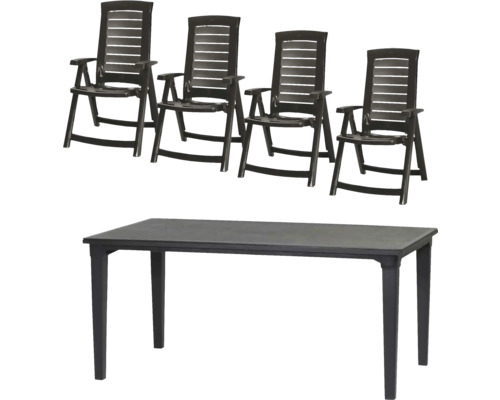 Gartenmöbelset bestehend aus vier klappbaren Hochlehnern und einem rechteckigen Gartentisch aus dunklem Kunststoff.