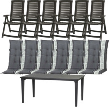 Gartenmöbel-Set aus sechs schwarzen Klappstühlen, sechs grau karierten Auflagen mit Madison Square Logo und einem rechteckigen schwarzen Kunststofftisch.