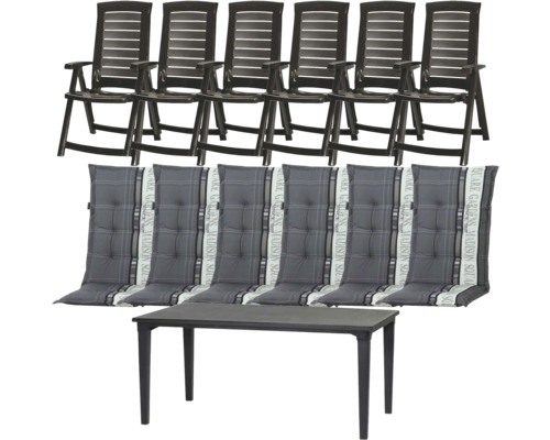 Gartenmöbel-Set aus sechs schwarzen Klappstühlen, sechs grau karierten Auflagen mit Madison Square Logo und einem rechteckigen schwarzen Kunststofftisch.