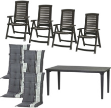 Gartenmöbel-Set bestehend aus einem rechteckigen Tisch, vier klappbaren Hochlehner-Stühlen und vier passenden grau gemusterten Auflagen.