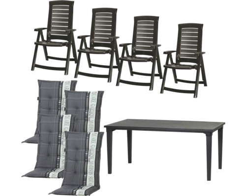 Gartenmöbel-Set bestehend aus einem rechteckigen Tisch, vier klappbaren Hochlehner-Stühlen und vier passenden grau gemusterten Auflagen.