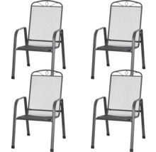 Set aus vier Gartenstühlen aus Metall mit Gitterrückenlehne und Armlehnen.