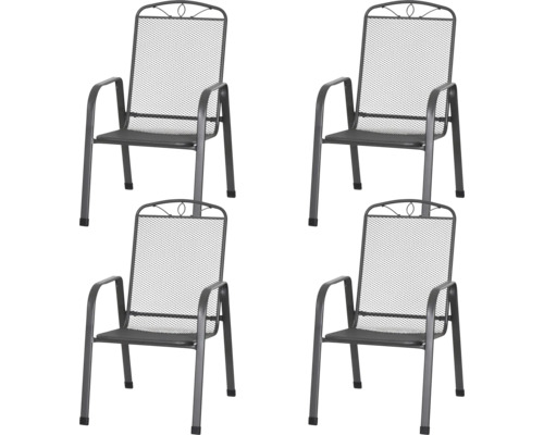 Set aus vier Gartenstühlen aus Metall mit Gitterrückenlehne und Armlehnen.