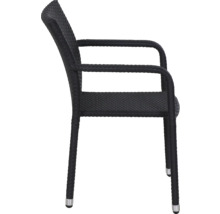 Gartenstuhl mit Armlehnen aus schwarzem Polyrattan-Geflecht in Seitenansicht.