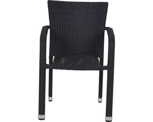 Schwarzer Gartenstuhl aus Polyrattan-Geflecht mit Armlehnen und silbernen Fußkappen.