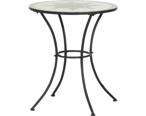 Runder Bistrotisch mit Mosaik-Tischplatte und Sternmuster, schwarzes Metallgestell mit vier geschwungenen Beinen.