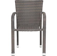 Stapelsessel aus Polyrattan-Geflecht mit Armlehnen für Garten und Terrasse.