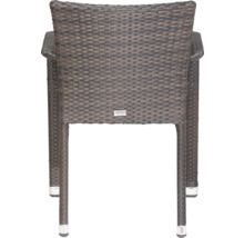 Brauner Gartenstuhl aus Kunststoffgeflecht mit Armlehnen, Rückansicht mit Siena Garden Logo.