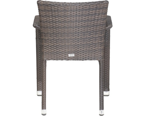 Brauner Gartenstuhl aus Kunststoffgeflecht mit Armlehnen, Rückansicht mit Siena Garden Logo.