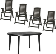 Gartenmöbel-Set aus dunklem Kunststoff bestehend aus 4 Hochlehner-Klappstühlen und 1 ovalen Tisch.