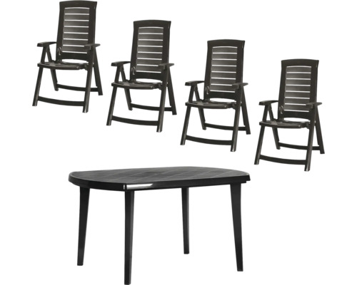 Gartenmöbel-Set aus dunklem Kunststoff bestehend aus 4 Hochlehner-Klappstühlen und 1 ovalen Tisch.