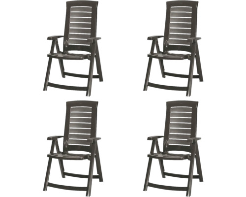 Vier Garten-Klappsessel aus Kunststoff in Anthrazit mit hoher Rückenlehne und Armlehnen.