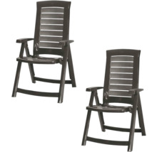 Zwei dunkelbraune Gartenklappsessel aus Kunststoff mit hohen Rückenlehnen und Armlehnen.