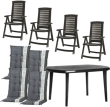 Gartenmöbel-Set aus Kunststoff bestehend aus vier Klappstühlen, einem ovalen Tisch und vier Sitzauflagen mit Karomuster.