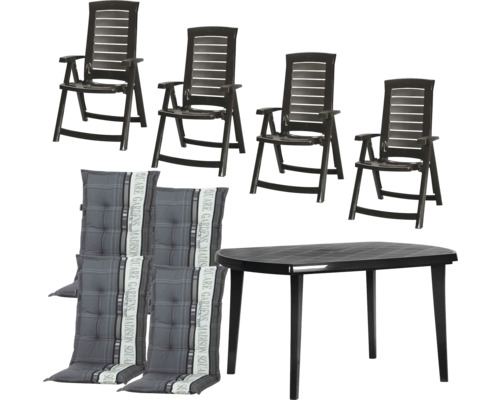 Gartenmöbel-Set aus Kunststoff bestehend aus vier Klappstühlen, einem ovalen Tisch und vier Sitzauflagen mit Karomuster.